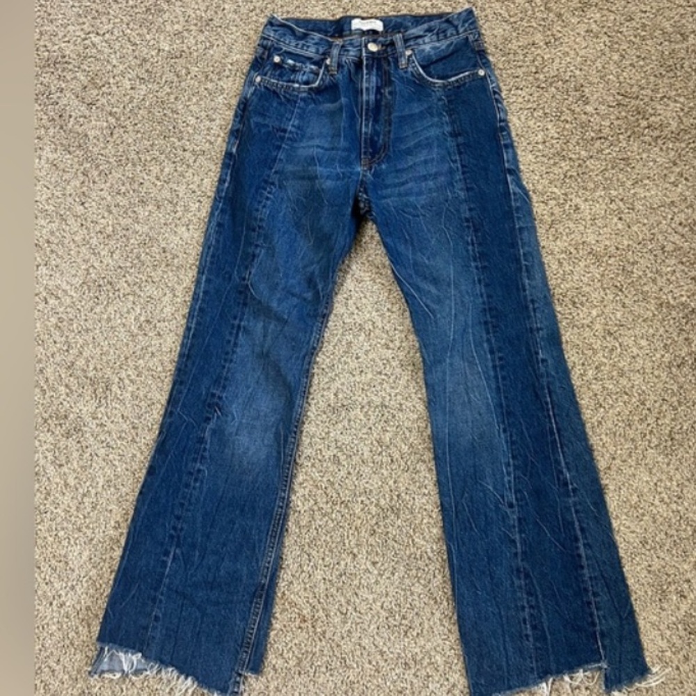Zara Jeans Size 4 Blue Flared Frayed Fringe Hem Slits Light Wash Pockets Cotton